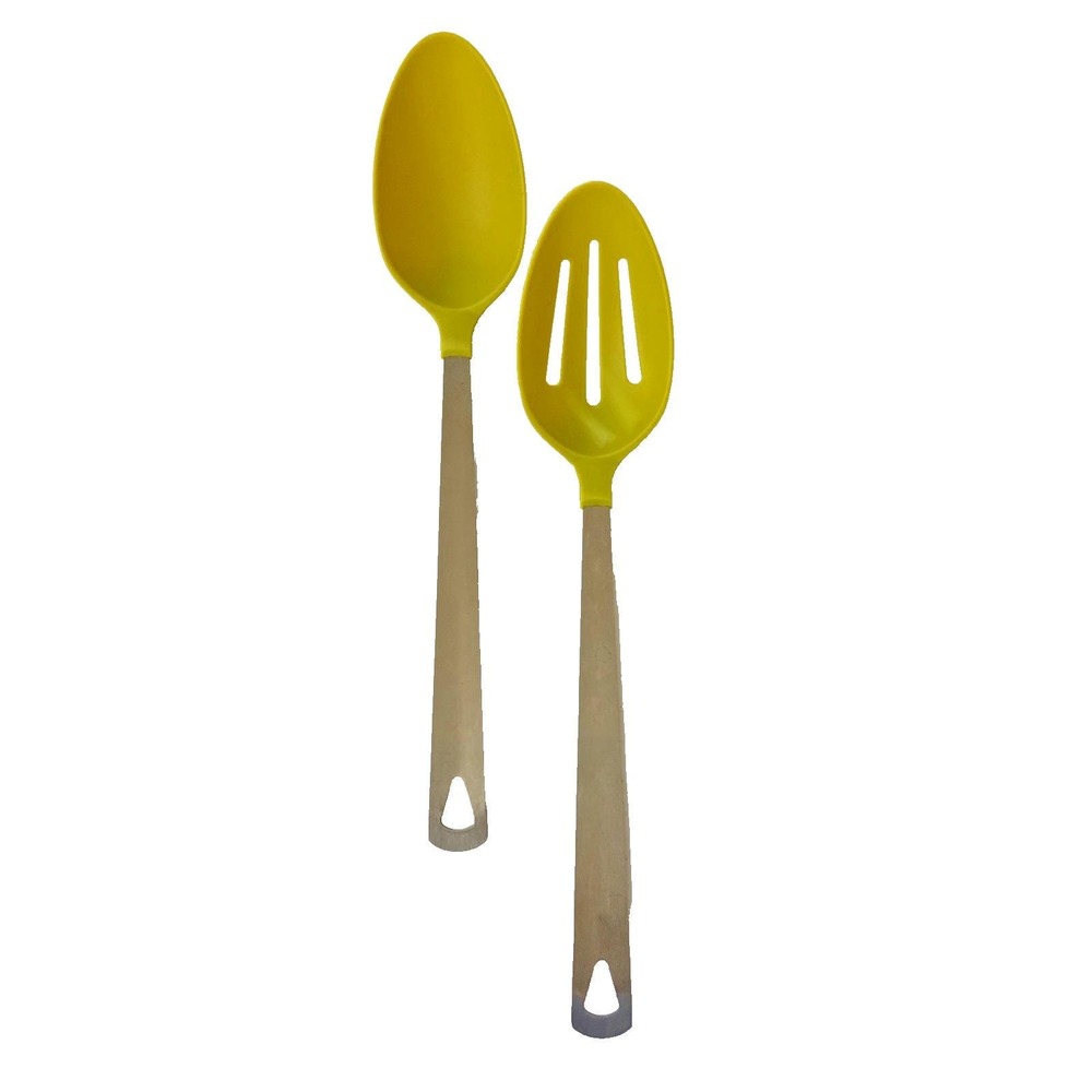 VTG Kitchen Utensil Set 2 Serving Spoon Slotted Avocado Green Metal Handle 13"